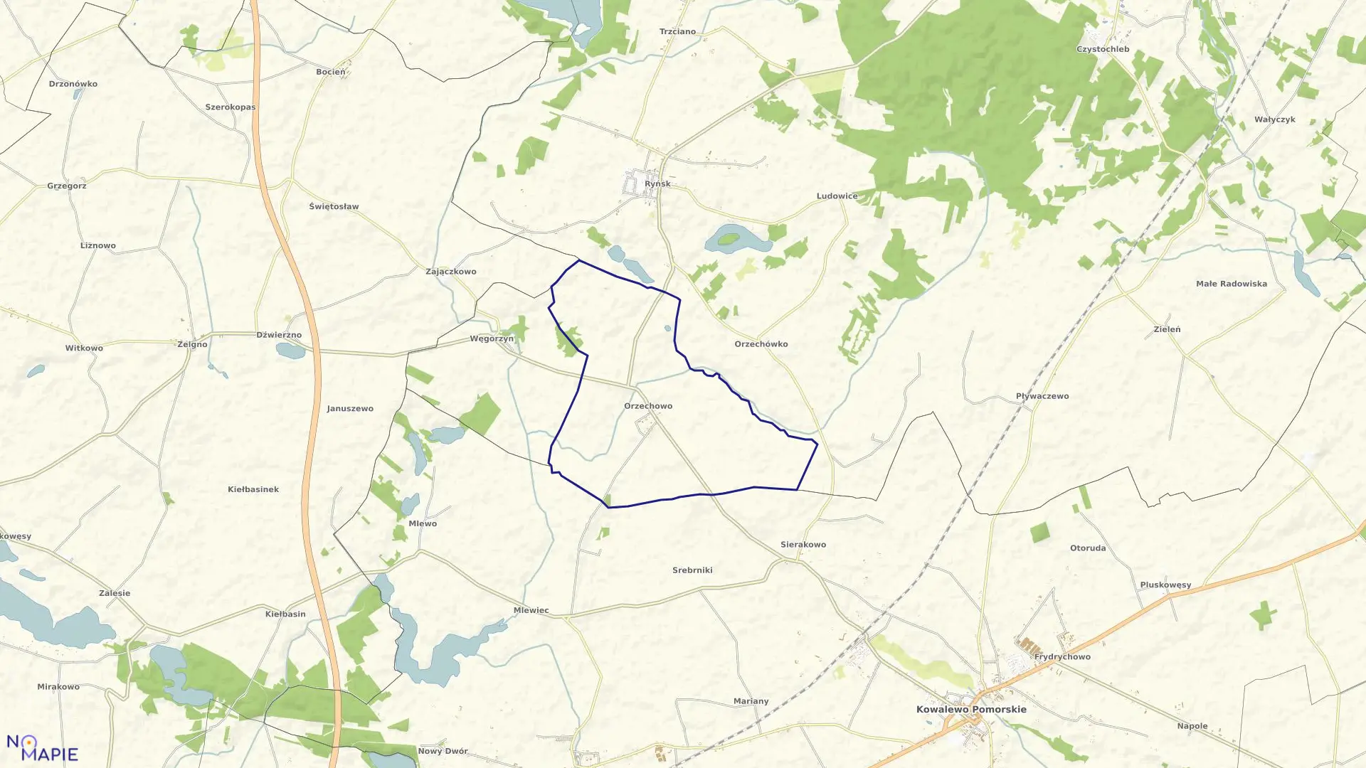 Mapa obrębu Orzechowo w gminie Wąbrzeźno